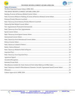 Table of Contents the Most Important Current Affairs APRIL 2018