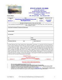 INVITATION to BID CITY of NAPLES PURCHASING DIVISION CITY HALL, 735 8TH STREET SOUTH NAPLES, FL 34102 Cover Sheet PH: 239-213-7100 FX: 239-213-7105