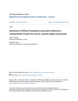 Interaction of Diffuse Competition and Insect Herbivory in Limiting Brittle Prickly Pear Cactus, Opuntia Fragilis (Cactaceae)