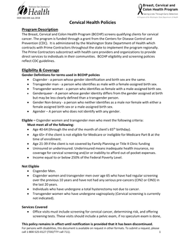 Cervical Health Policies Program Description the Breast, Cervical and Colon Health Program (BCCHP) Screens Qualifying Clients for Cervical Cancer