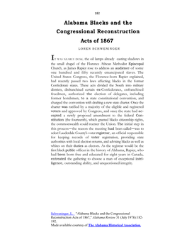 Alabama Blacks and the Congressional Reconstruction Acts of 1867," Alabama Review 31 (July 1978):182- 192