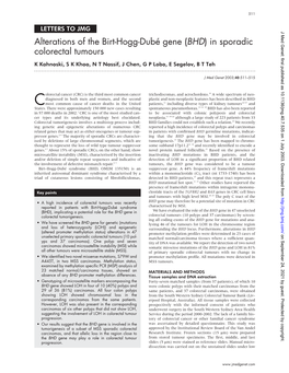 Alterations of the Birt-Hogg-Dubé Gene (BHD) in Sporadic Colorectal Tumours K Kahnoski, S K Khoo, N T Nassif, J Chen, G P Lobo, E Segelov,Btteh