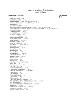 Index to Academy Oral Histories Hans J. Salter