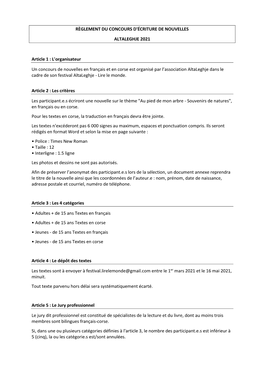 RÈGLEMENT DU CONCOURS D'écriture DE NOUVELLES ALTALEGHJE 2021 Article 1 : L'organisateur Un Concours De Nouvelles En Françai