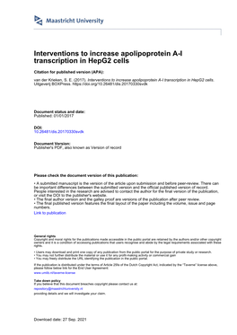 Interventions to Increase Apolipoprotein A-I Transcription in Hepg2 Cells