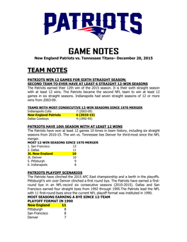 Patriots at Philadelphia Game Notes