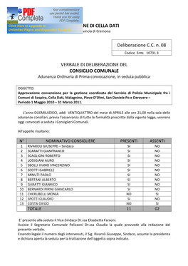 COMUNE DI CELLA DATI Deliberazione C.C. N. 08 VERBALE DI