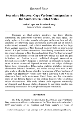 Research Note Secondary Diaspora: Cape Verdean Immigration to The