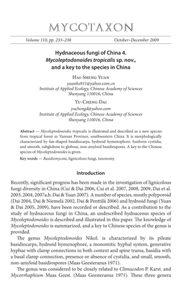 Hydnaceous Fungi of China 4. <I>Mycoleptodonoides Tropicalis</I