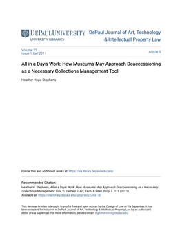 All in a Day's Work: How Museums May Approach Deaccessioning As a Necessary Collections Management Tool