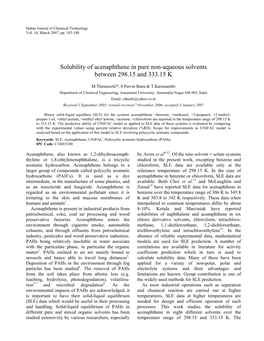 Solubility of Acenaphthene in Pure Non-Aqueous Solvents Between 298.15 and 333.15 K