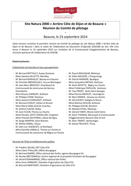 Site Natura 2000 « Arrière Côte De Dijon Et De Beaune » Réunion Du Comité De Pilotage - Beaune, Le 23 Septembre 2014