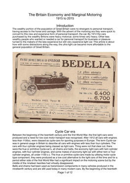 The Britain Economy and Marginal Motoring 1915 to 2015