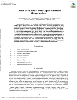 Linear Burn Rate of Ionic Liquid Multimode Monopropellant