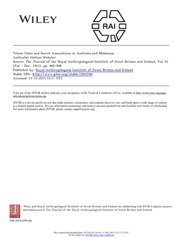 Totem Clans and Secret Associations in Australia and Melanesia. Author(S): Hutton Webster Source: the Journal of the Royal Anthr