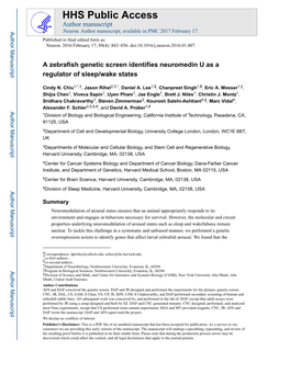 A Zebrafish Genetic Screen Identifies Neuromedin U As a Regulator of Sleep/Wake States