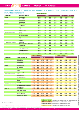 208 ROANNE VOUGY CHARLIEU Transporteur : KEOLIS AUTOCARS PLANCHE - Les Guerins - ZI Le Coteau - 42120 LE COTEAU - 04 77 68 30 00