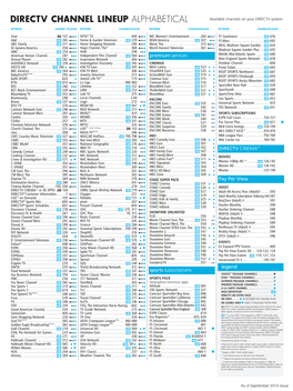 DIRECTV CHANNEL LINEUP ALPHABETICAL Available Channels on Your DIRECTV System