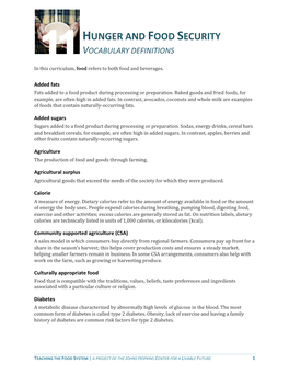 HUNGER and FOOD SECURITY VOCABULARY DEFINITIONS 11 in This Curriculum, Food Refers to Both Food and Beverages