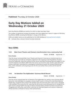 Early Day Motions Tabled on Wednesday 21 October 2020