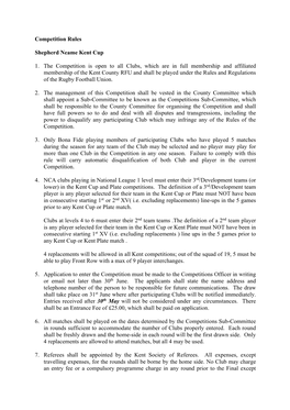 Competition Rules Shepherd Neame Kent Cup 1. the Competition Is