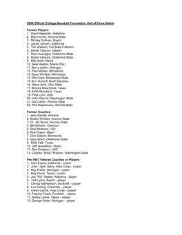2006 Official College Baseball Foundation Hall of Fame Ballot