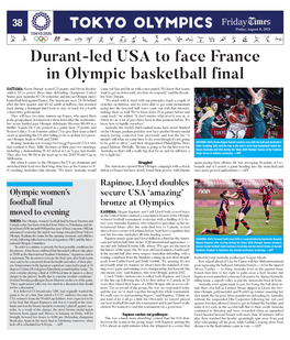 Durant-Led USA to Face France in Olympic Basketball Final