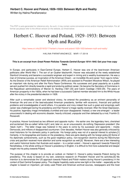 Herbert C. Hoover and Poland, 1929–1933: Between Myth and Reality Written by Halina Parafianowicz