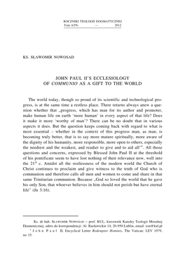 John Paul Ii's Ecclesiology of Communio As a Gift to the World