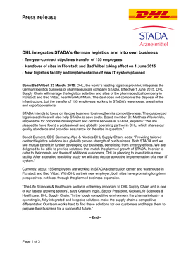 DHL Integrates STADA's German Logistics Arm Into Own Business