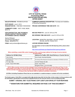 CITY of AUSTIN, TEXAS Purchasing Office INVITATION for BID (IFB) OFFER SHEET