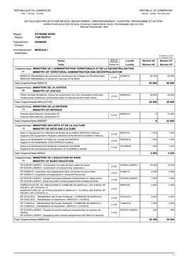 Republique Du Cameroun Republic of Cameroon Details Des Projets Par Region, Departement, Arrondissement, Chapitre, Programme Et