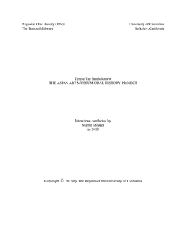 Regional Oral History Office University of California the Bancroft Library Berkeley, California