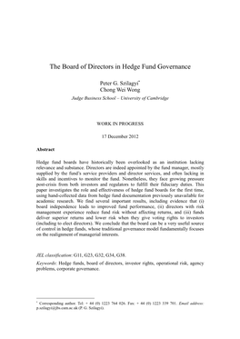 The Board of Directors in Hedge Fund Governance