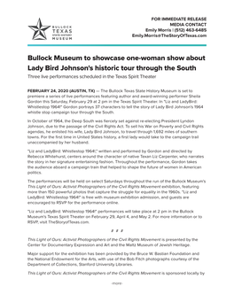 Bullock Museum to Showcase One-Woman Show About Lady Bird Johnson's Historic Tour Through the South Three Live Performances Scheduled in the Texas Spirit Theater