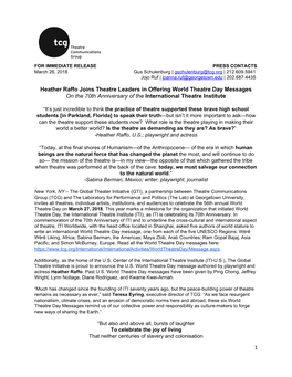 Heather Raffo Joins Theatre Leaders in Offering World Theatre Day Messages on the 70Th Anniversary of the International Theatre Institute ​