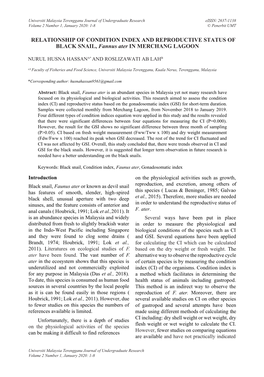 RELATIONSHIP of CONDITION INDEX and REPRODUCTIVE STATUS of BLACK SNAIL, Fannus Ater in MERCHANG LAGOON