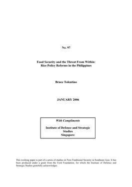 Rice Policy Reforms in the Philippines Bruce Tolentino JANUARY 2006