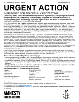 URGENT ACTION IMPRISONED for PEACEFULLY PROTESTING Community Leader U Sein Than Has Been Imprisoned in Myanmar for Participating in a Series of Peaceful Protests