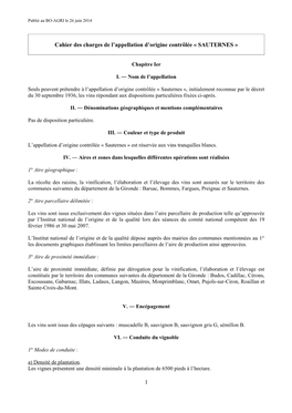Cahier Des Charges De L'appellation D'origine Contrôlée Sauternes