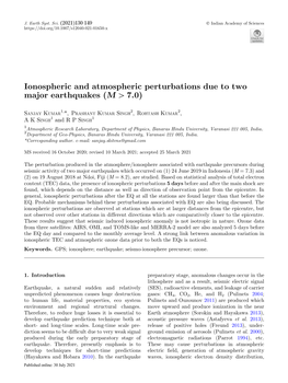 Ionospheric and Atmospheric Perturbations Due to Two Major Earthquakes (M [ 7.0)