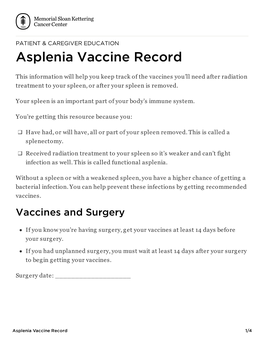 Asplenia Vaccine Record | Memorial Sloan Kettering Cancer Center