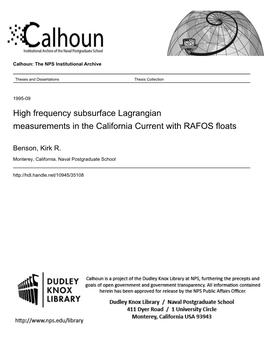 High Frequency Subsurface Lagrangian Measurements in the California Current with RAFOS Floats