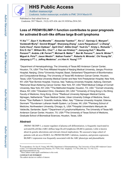 Loss of PRDM1/BLIMP-1 Function Contributes to Poor Prognosis for Activated B-Cell–Like Diffuse Large B-Cell Lymphoma