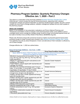 Pharmacy Program Updates: Quarterly Pharmacy Changes Effective Jan