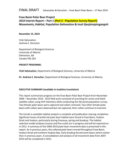 Foxe Basin Polar Bear Project 2010 Interim Report – Part 1 (Part 2 ‐ Population Survey Report) Movements, Habitat, Population Delineation & Inuit Qaujimajatugangnit