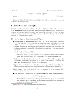 Lecture 5: Linear Algebra 1 Definitions and Concepts