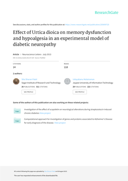 Effect of Urtica Dioica on Memory Dysfunction and Hypoalgesia in an Experimental Model of Diabetic Neuropathy