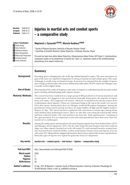 Injuries in Martial Arts and Combat Sports Published: 2008.11.14 – a Comparative Study