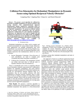 Collision-Free Kinematics for Redundant Manipulators in Dynamic Scenes Using Optimal Reciprocal Velocity Obstacles*